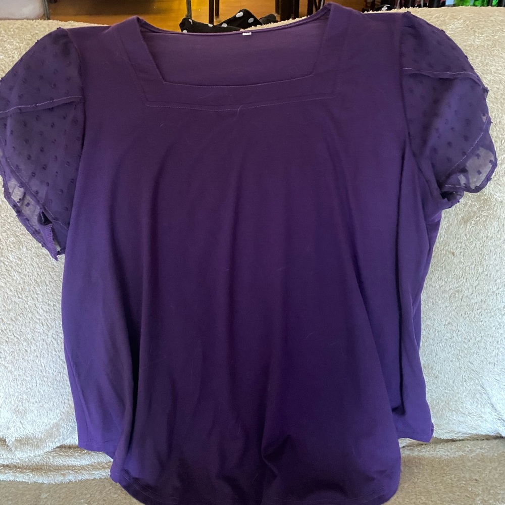 Women’s square neck blouse with sheer polka dot sleeves
